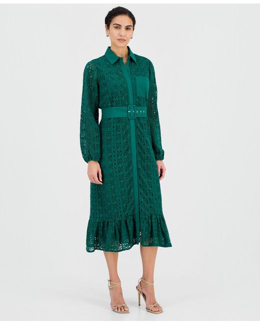 Tahari Women's Green Cotton Belted Lace Midi Dress