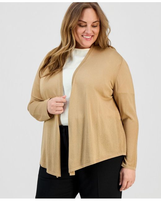 Kasper Natural Plus Size Open-front Stitch-detail Sweater