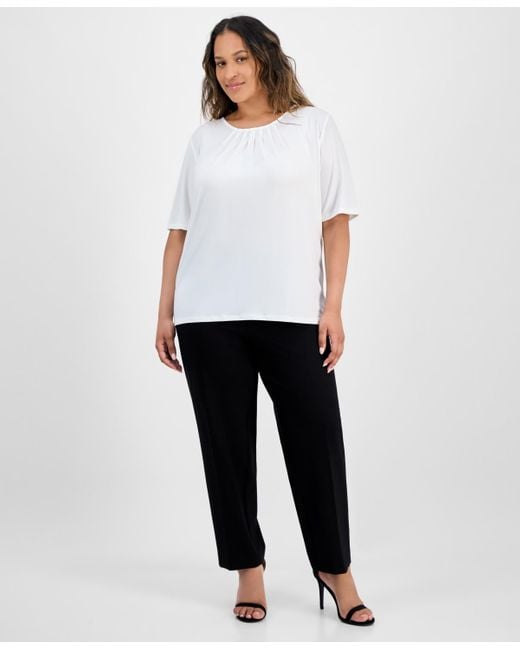 Kasper White Plus Size Elbow-sleeve Pleated-neck Top