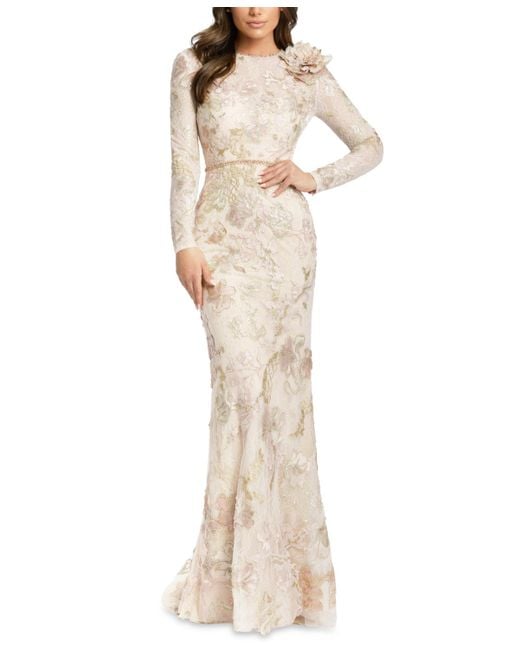 Mac Duggal Natural Floral Embroidered Lace Trumpet Gown