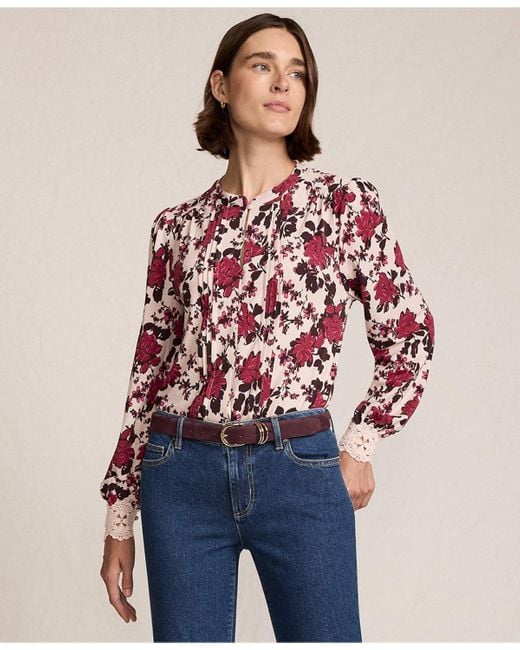 Lands' End Red Lightweight Jersey Long Sleeve Button Front Pintuck Top