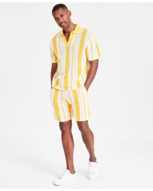 INC International Concepts White Regular Fit Crocheted Stripe Polo Shirt 7 Drawstring Shorts Created For Macys for men