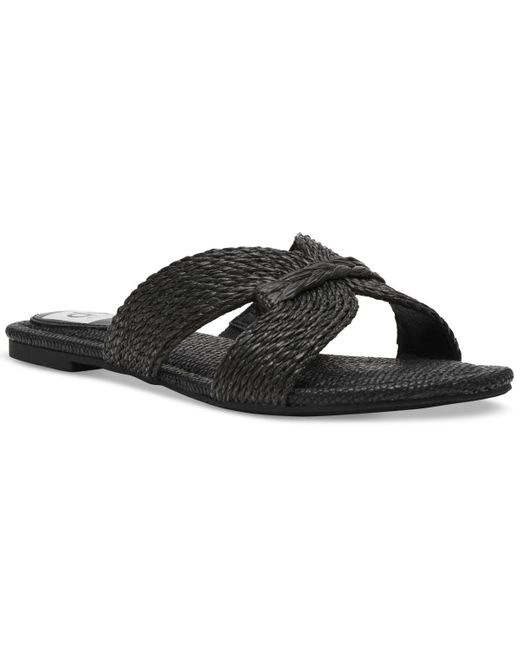 Dolce Vita Black Geeya Raffia Criss Cross Strap Flat Slide Sandals