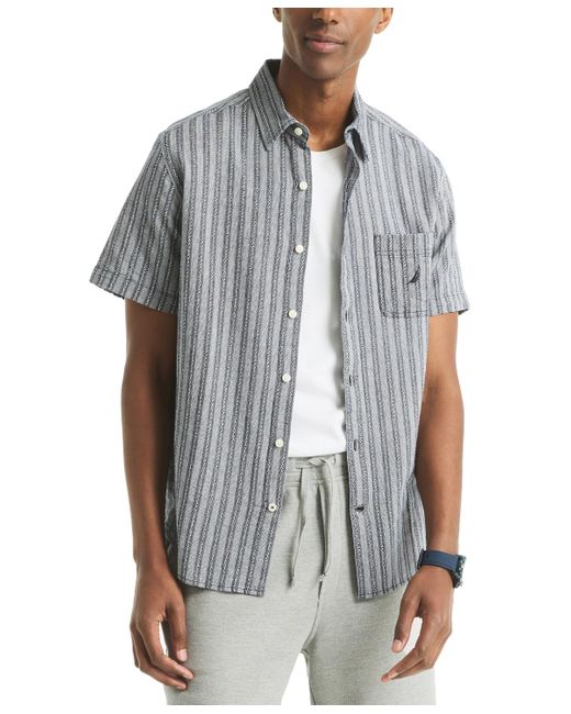 Nautica Gray Short Sleeve Dobby Stripe Button-front Shirt for men
