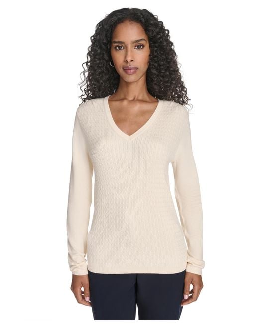 Tommy Hilfiger White V-neck Cable Sweater