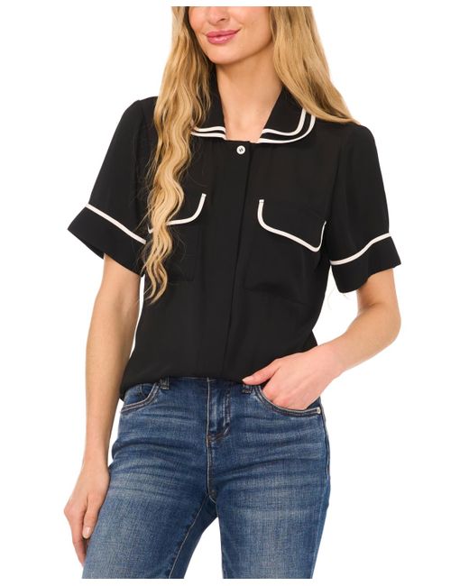 Cece Black Double Collar Tipped Short Sleeve Blouse