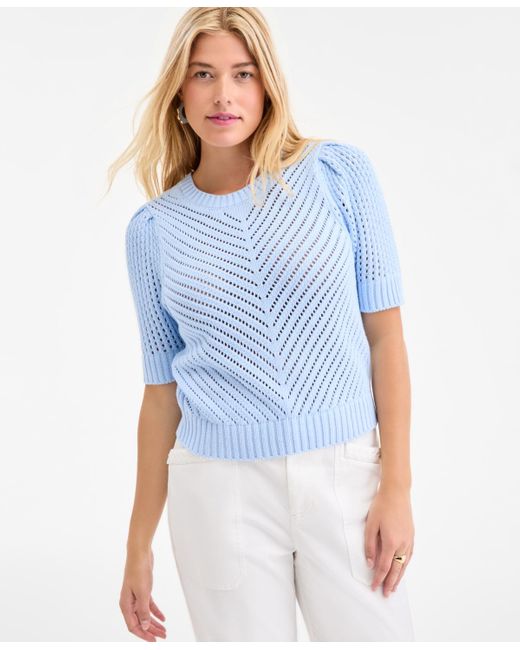 On 34th Blue Diagonal-knit Puff-sleeve Sweater