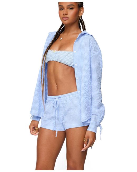 Edikted Blue Lira Oversized Gingham Button Up Shirt