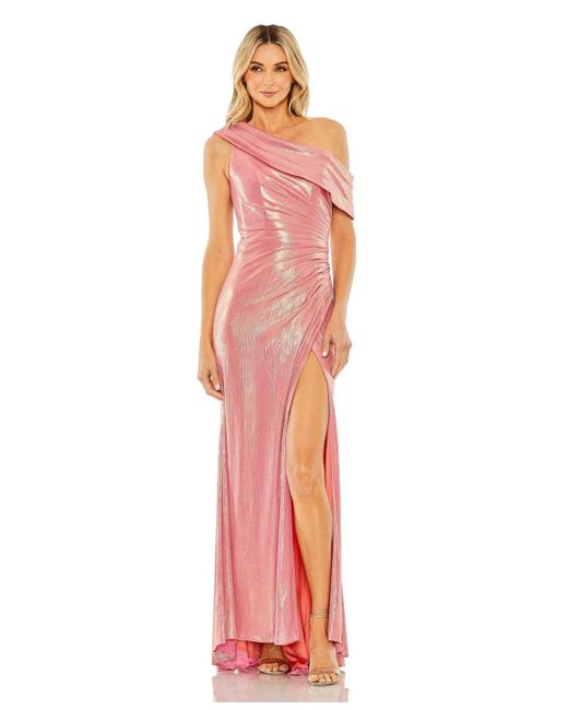 Mac Duggal Pink Ieena One Shoulder Ruched Waist Slit Metallic Gown
