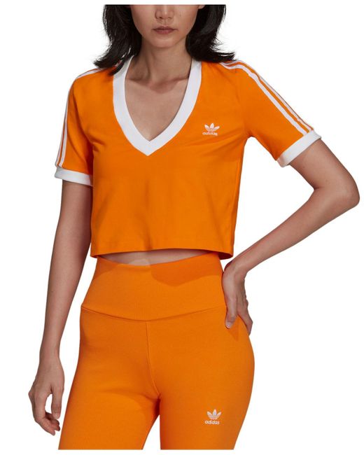 adidas V-neck Cropped T-shirt in Orange | Lyst