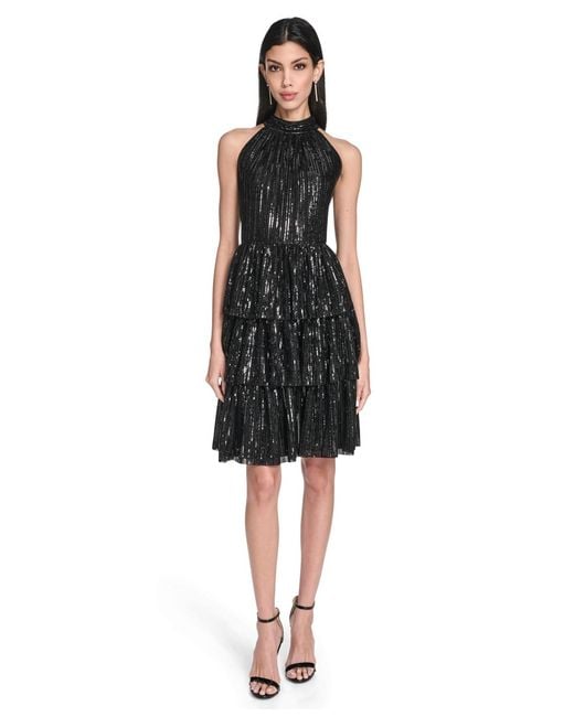Eliza J Women's Black Petite Mock Neck Halter Tiered Dress