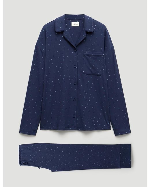 Hush Blue Ribbed Modal Star Printed Pyjamas