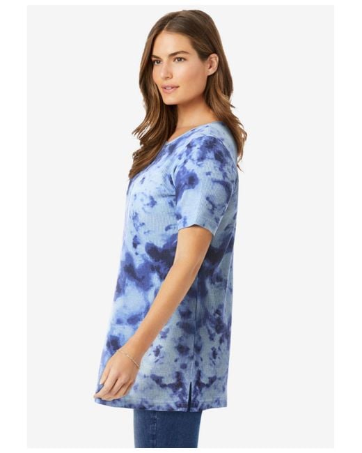 Woman Within Blue Plus Size Within Waffle Thermal Satin Trim Tee