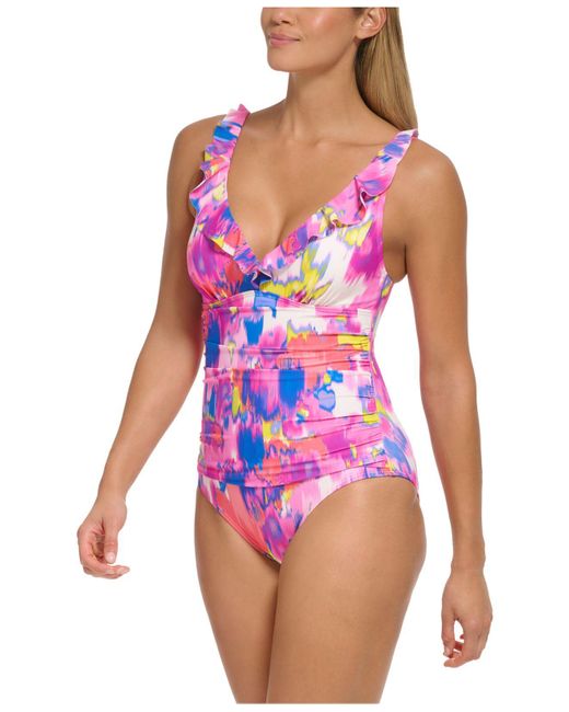 DKNY Ruffle Plunge Tummycontrol Onepiece Swimsuit in Red Lyst