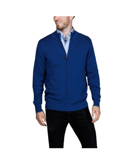 Tailorbyrd Blue Fine Knit Full Zip Mock Neck Sweater for men