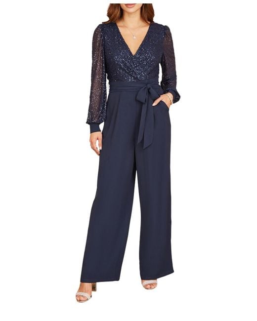Yumi' Blue Long Sleeved Sequin Jumpsuit