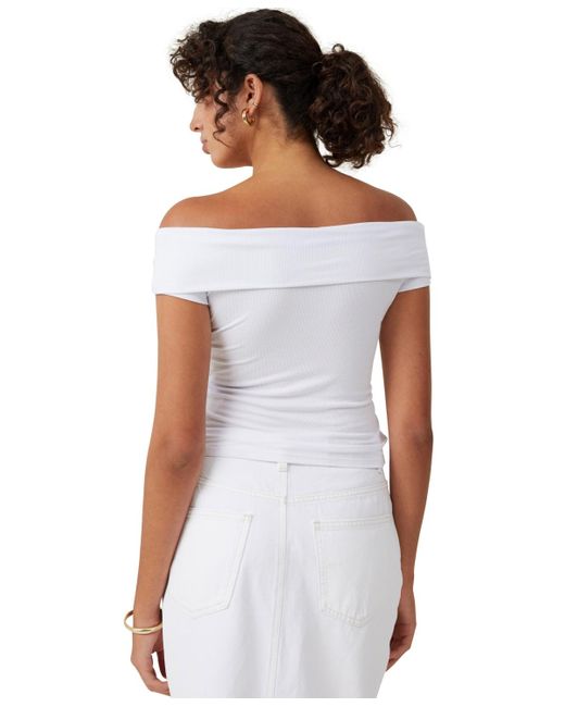 Cotton On White Staple Rib Off The Shoulder Short Sleeve Top