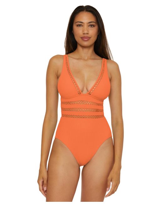 Becca Orange Modern Edge Ribbed One-piece Swimsuit