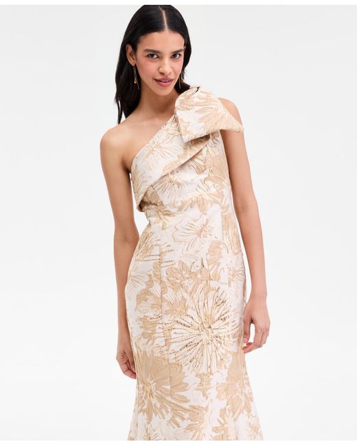 Donna Karan Natural Jacquard Bow-trim One-shoulder Gown