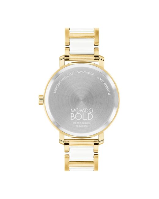 Movado Metallic Swiss Bold Evolution 2.0 White Ceramic & Gold Ion Plated Steel Bracelet Watch 34mm