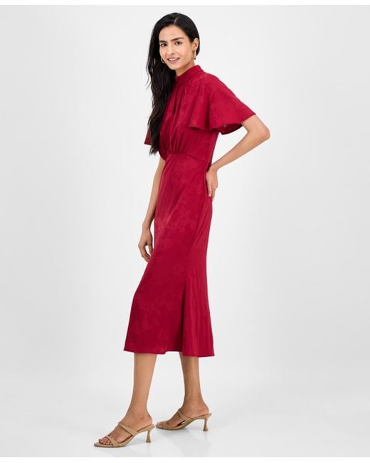 Julia Jordan Red High-neck Flounce-sleeve Midi Dress