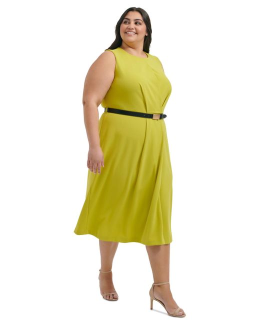 Calvin Klein Yellow Plus Size Belted Sleeveless Midi Dress