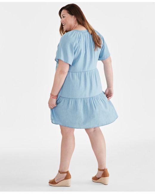 Style & Co. Blue Plus Size Split-neck Flutter-sleeve Chambray Swing Dress