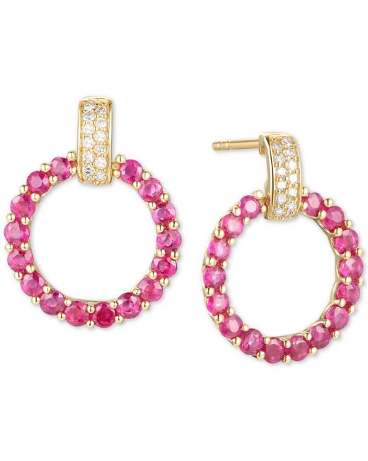 Macy's Red Sapphire: 1-3/4 Ct. T.w. & Diamond (1/10 Ct. T.w.) Doorknocker Drop Earrings In 14k Gold (also In Emerald & Ruby)
