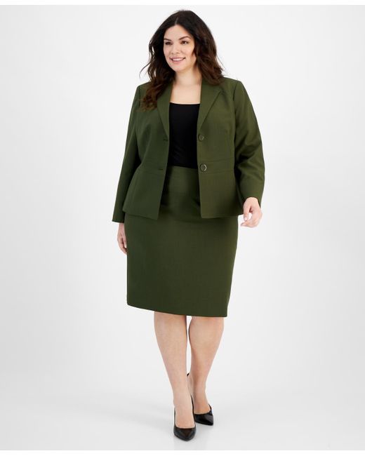 Le Suit Green Plus Size Crepe Collarless Jacket & Slim Pencil Skirt