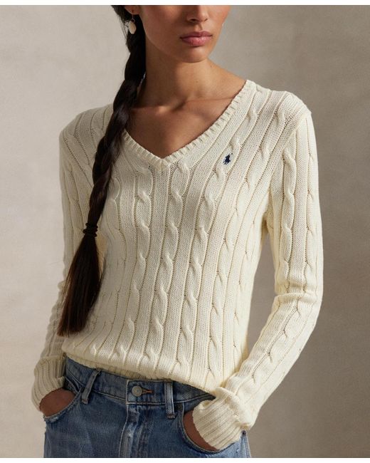 Polo Ralph Lauren Blue Cable-knit Cotton V-neck Sweater