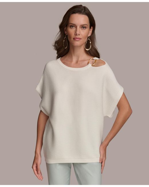 Donna Karan Gray Dolman-sleeve Shoulder-cutout Sweater
