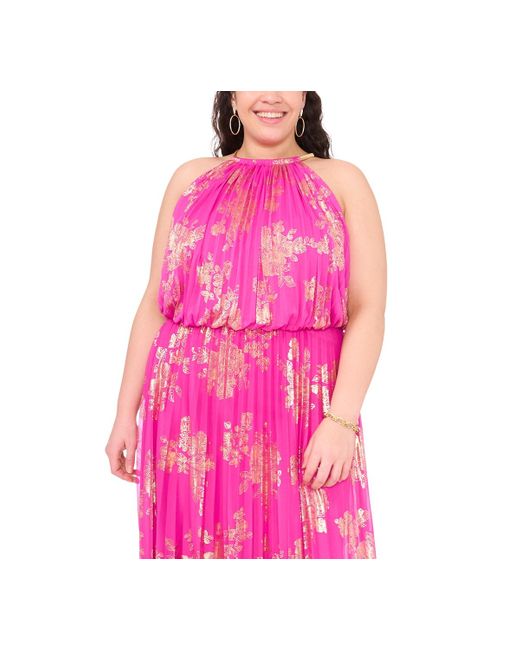 Msk Pink Plus Size Pleated Printed Chiffon Halter Dress
