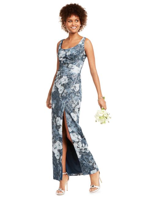 Watercolor Floral Print Gown With Off The Shoulder Neckline In Blue Mu |  Adrianna Papell