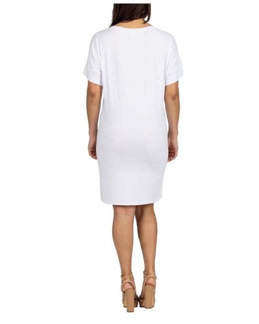 24seven Comfort Apparel White Solid Color Loose Fit V Neck T Shirt Style Knee Length Dress