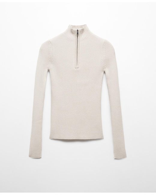 Mango White Zipper Detail Ribbed Sweater