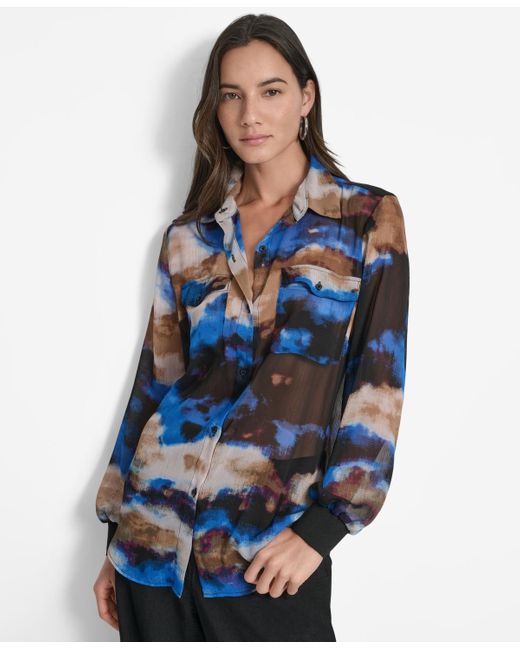 DKNY Blue Printed Button-front Long-sleeve Shirt