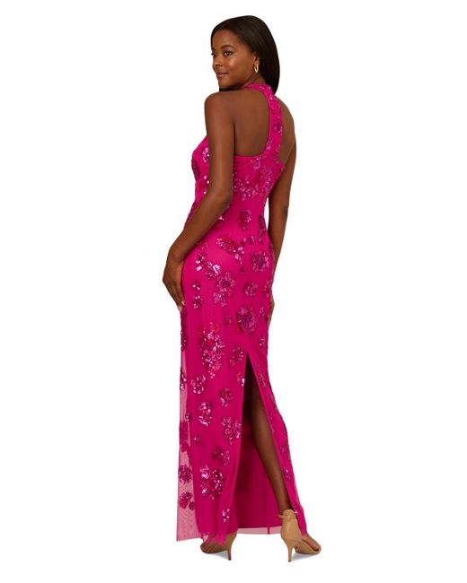 Adrianna Papell Bead Halter Column Dress in Pink