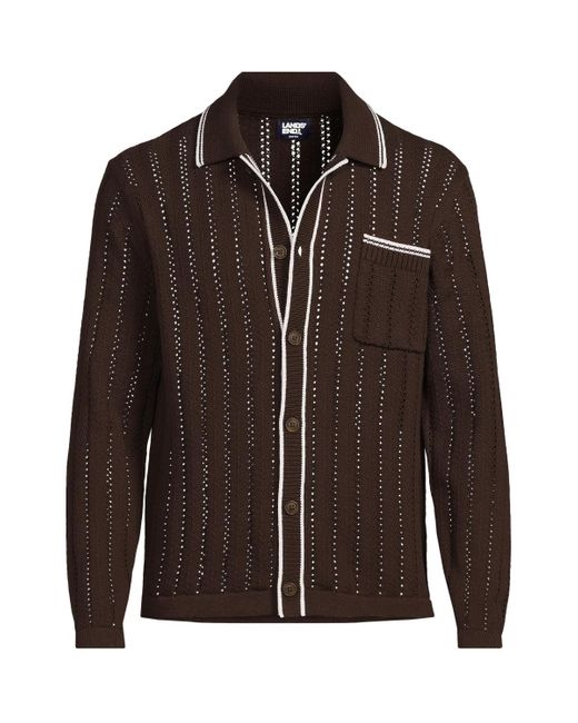 Lands' End Brown Long Sleeve Button Through Summer Polo Cardigan for men