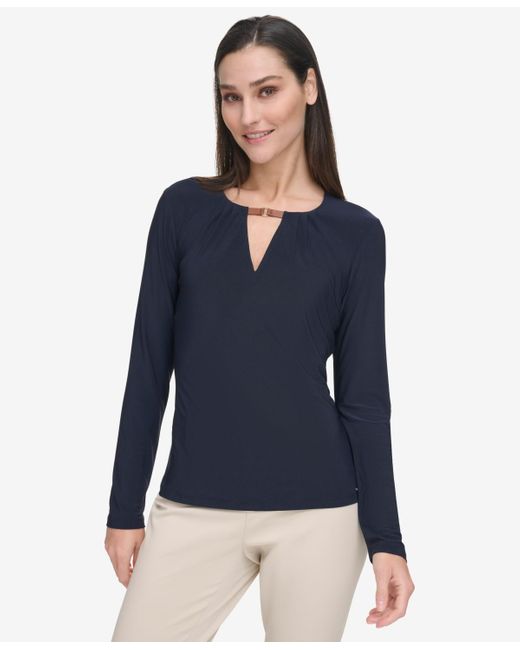 Tommy Hilfiger Blue Faux-leather-strap Long-sleeve Top