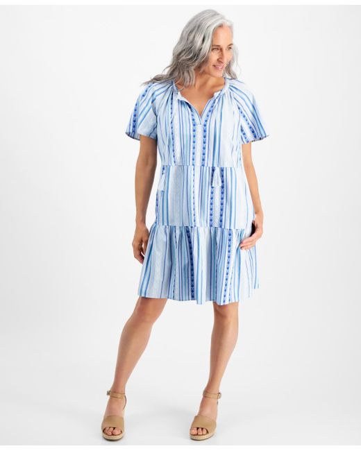Style & Co. Blue Petite Mountain Stripe Tiered Dress