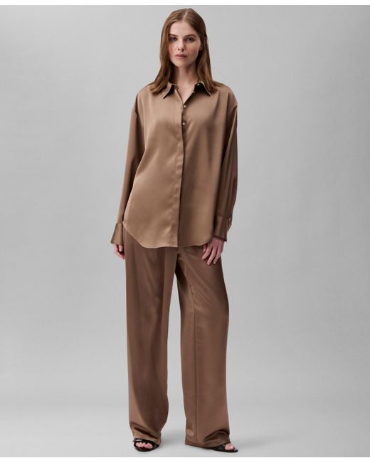 Calvin Klein Brown Matte-satin Button-down Shirt