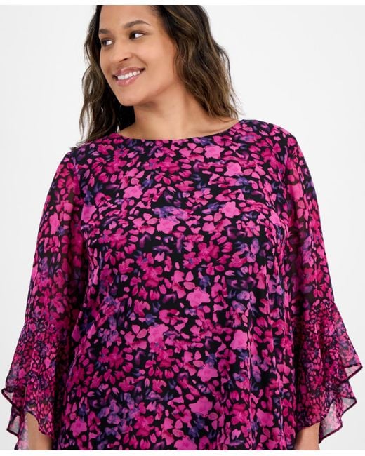 Kasper Purple Plus Size Bell-sleeve Ditsy-print Top