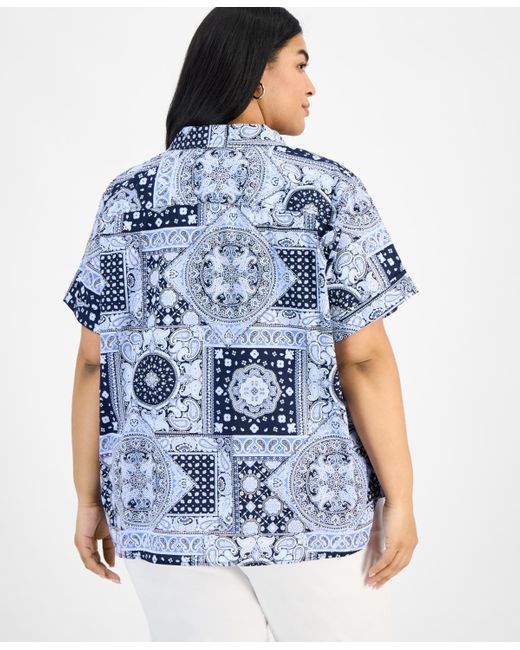 Tommy Hilfiger Blue Plus Size Cotton Patchwork-print Camp Shirt