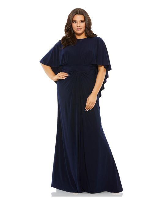 Mac Duggal Blue Plus Size Jersey Cape Sleeve A Line Gown