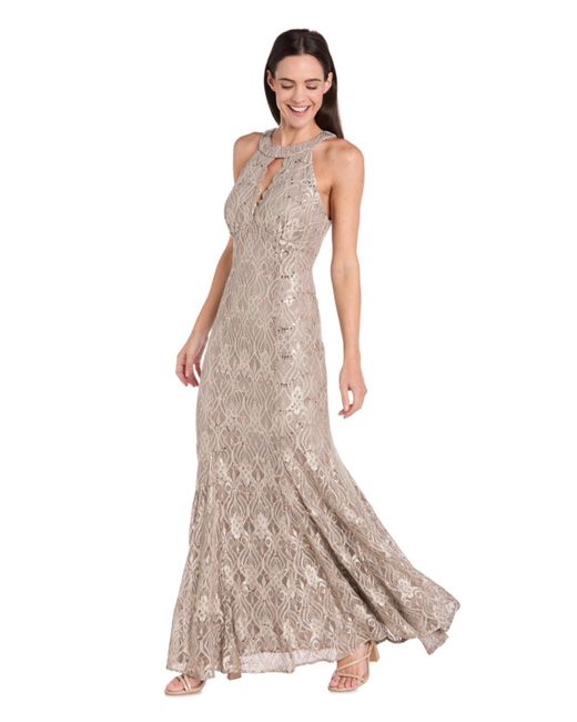R & M Richards Multicolor Sequin Lace Keyhole Halter Gown