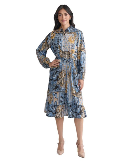 Jones New York Blue Collared Paisley Tie-waist Shirtdress
