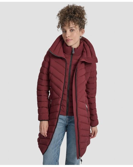 DKNY Red Bibbed Packable Puffer Coat