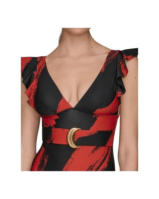 Donna Karan Red Belted Flutter-sleeve One-piece Swimsuit
