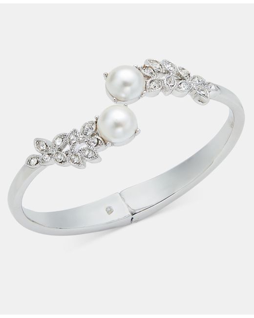 Charter Club White Crystal & Imitation Pearl Bypass Bangle Bracelet