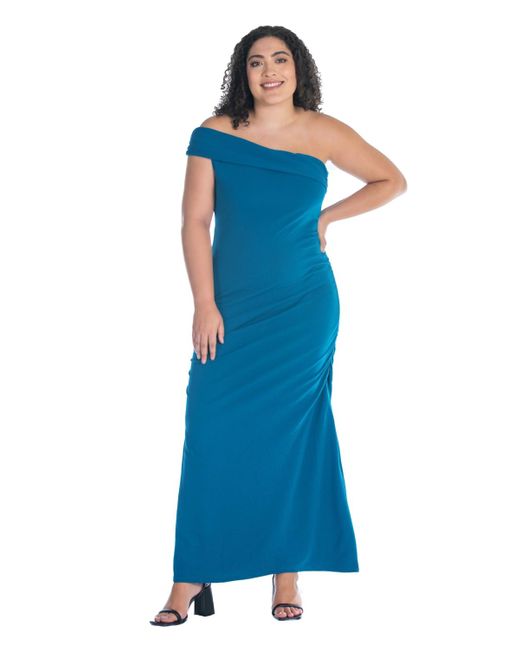 24seven Comfort Apparel Blue Plus Size Formal One Shoulder Ruched Mermaid Maxi Dress